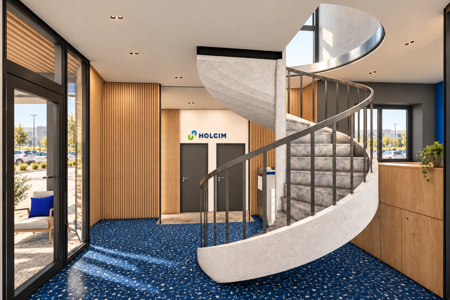 Accueil de l’Agence commerciale Holcim Meknès : escalier minéral, terrazzo bleu et parois de bois